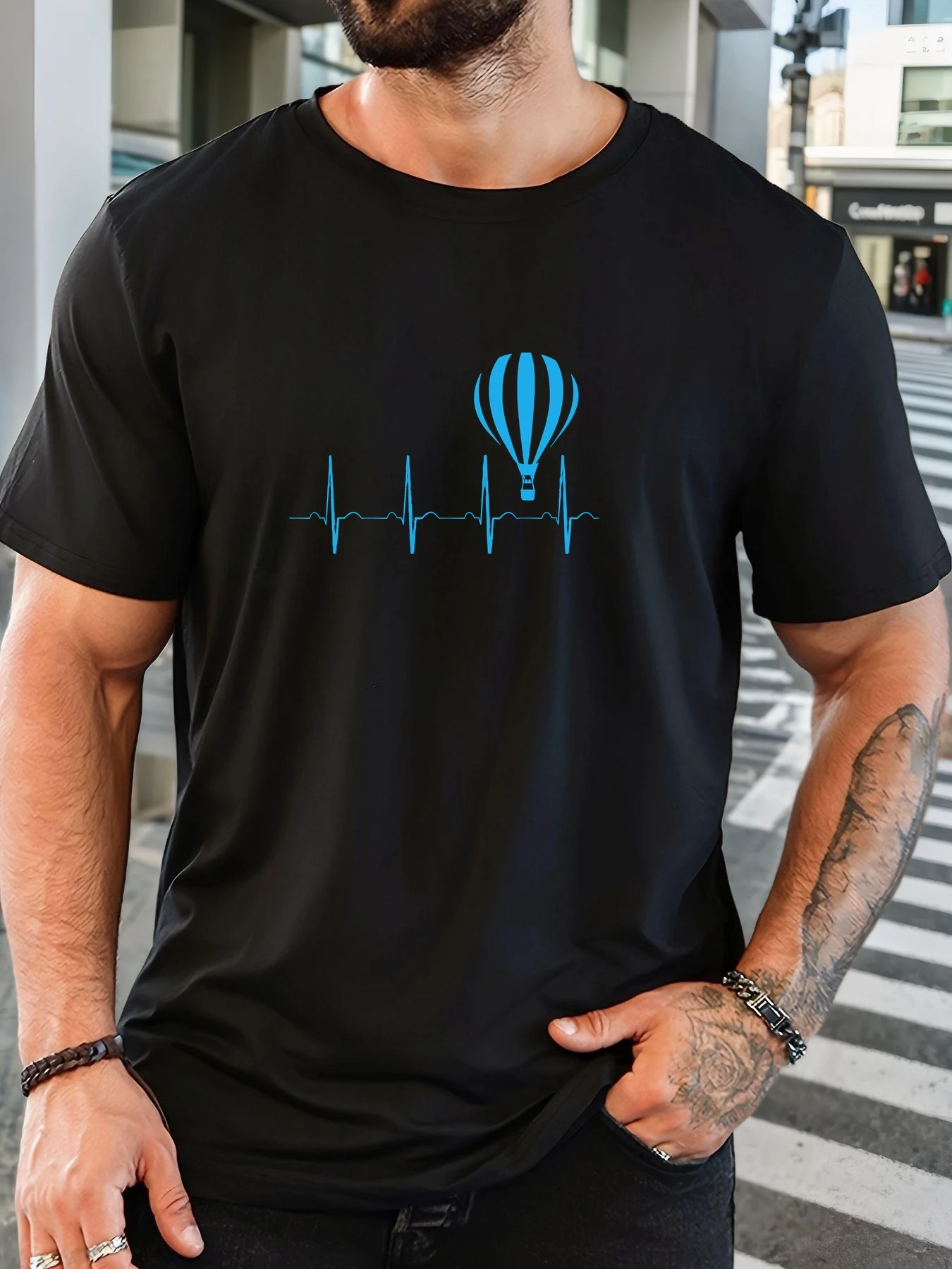 

Men's hot air balloon pattern summer casual crew neck short T-shirt
