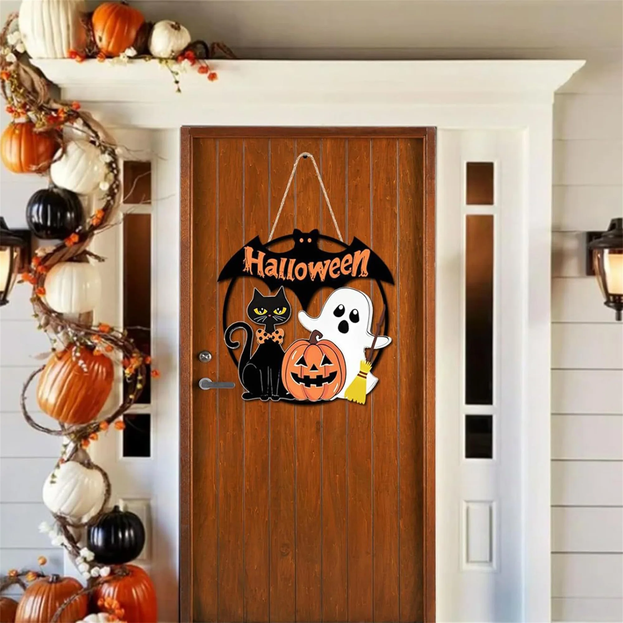 Spooky Halloween Wooden Door Sign with Black Cat Ghost Pumpkin Bat - Festive Hanging Decoration for Home Party