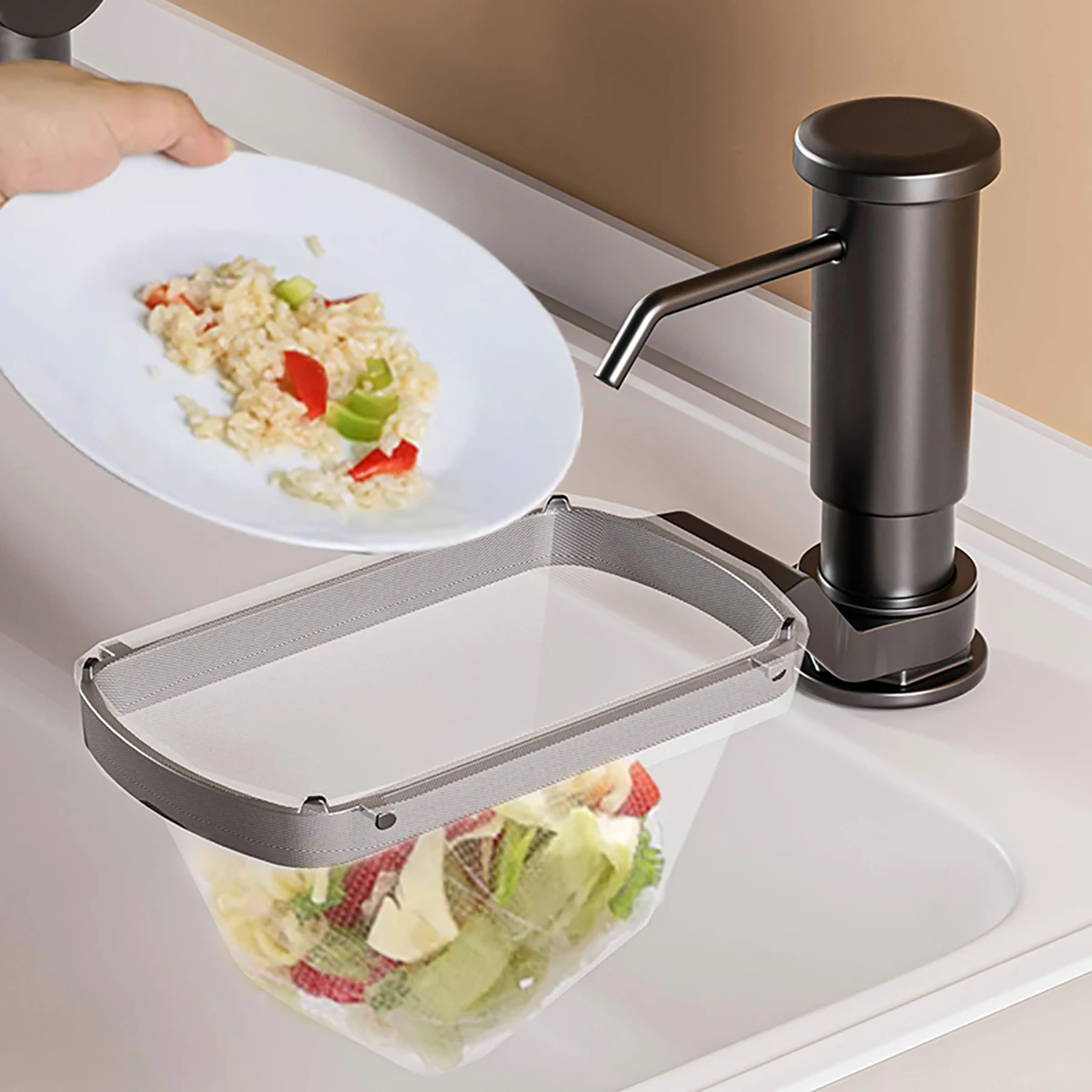 Black Kitchen Sink Soap Liquid Pump with Removable Storage Rack and Drainer Basket, Multiple Use Soap Dispenser, Sponge Storage