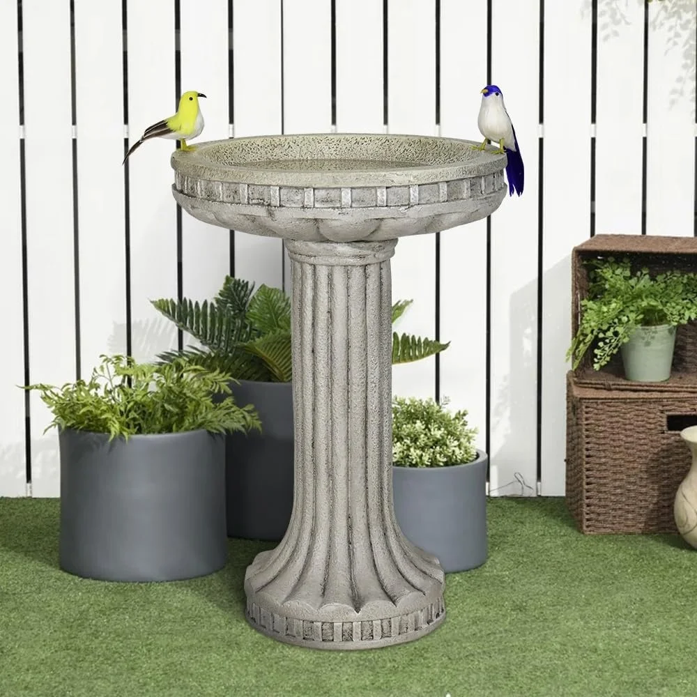 

24 Inch Outdoor Bird Bath Fiber Reinforced Concrete Stylish Modern Pedestal Garden Fountain Decorative Wildlife Water Source
