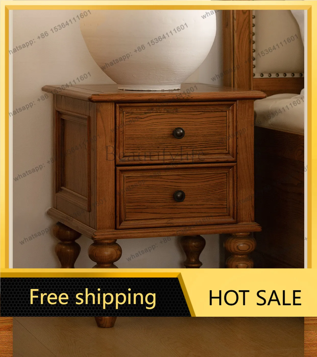 FG American Solid Wood Nightstand, Simple American Vintage Storage Cabinet Furniture