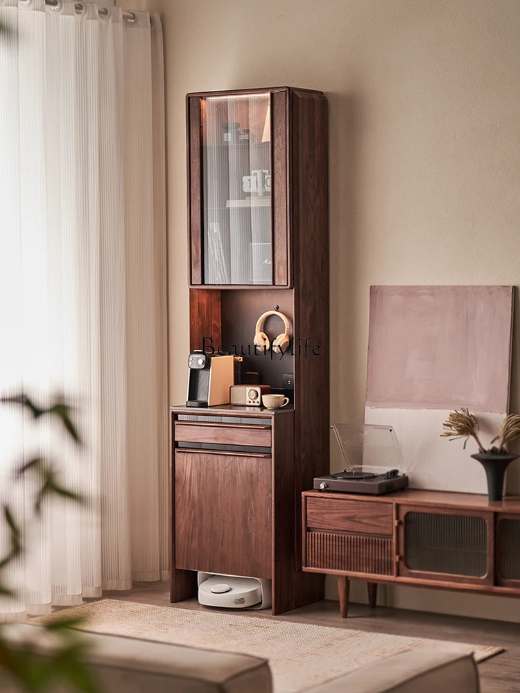 

05-*Solid wood narrow dining side cabinet, black walnut wall household small apartment storage cabinet