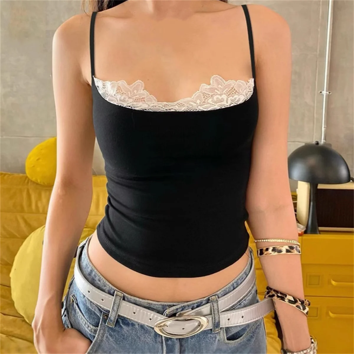 Fashion Women's Summer Lace Trim Cami Tops Sleeveless Back Crop Tanks Grunge Punk Y2K Clothes Ruched Skinny Backless Tee Shirt