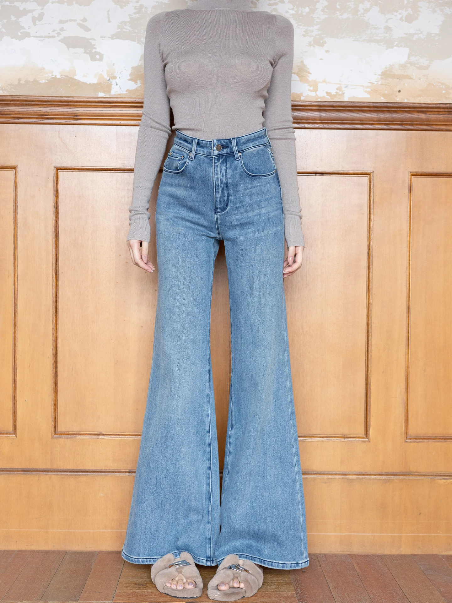 

Джинсы SerioLudere с высокой талией, на флисовой подкладке, прямого кроя, из 100% хлопка, расклешенные, женские, для повседневной носки, осенние