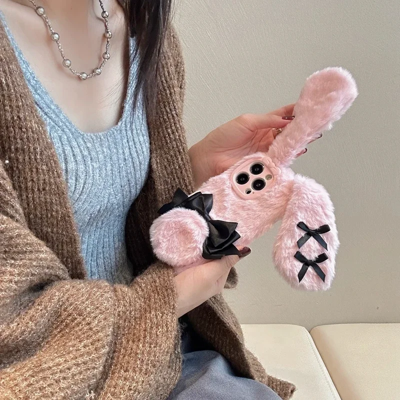 For IPhone 16 Pro Max 15 14 13 12 11 Bow Tie Maid Bunny Plush Phone Case Fall Winter Cute Phone Protective Jacket view 3