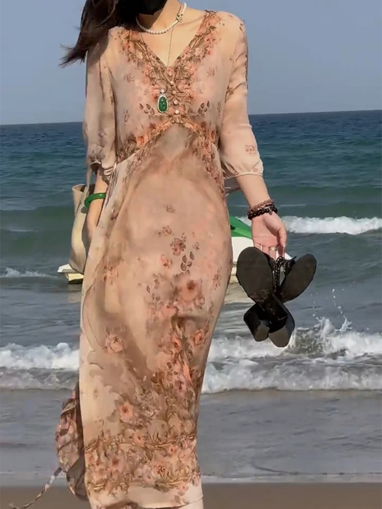 Sommer 2025, lässiges, florales, zweiteiliges Dr-Set für Damen, hohe Taille, A-Linien-Rock, V-Ne, lang, Sve Vaion Sle Dres