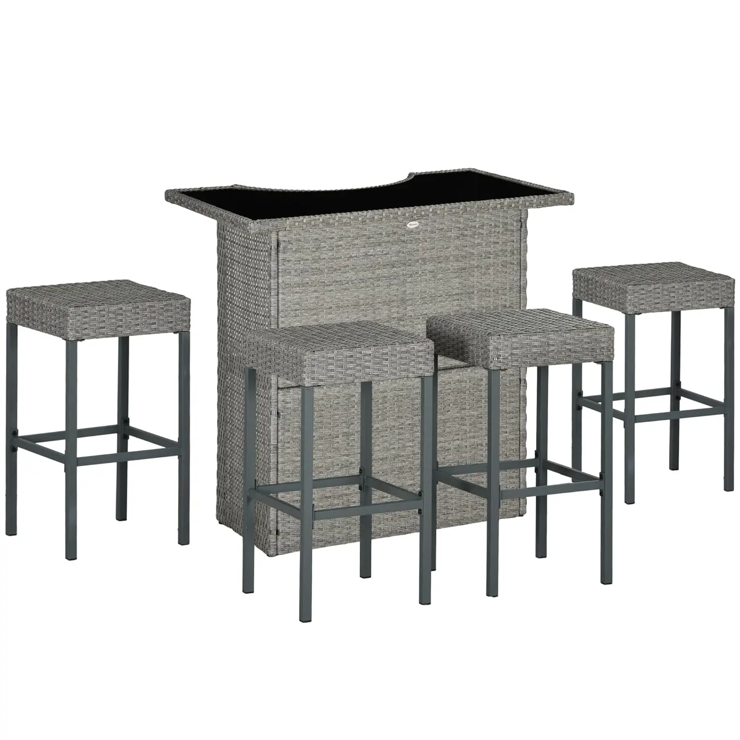 

5 Piece Wicker Outdoor Bar Set High Top Table & 4 Stools Glass Top 2 Tier Shelf Garden Poolside, Customized