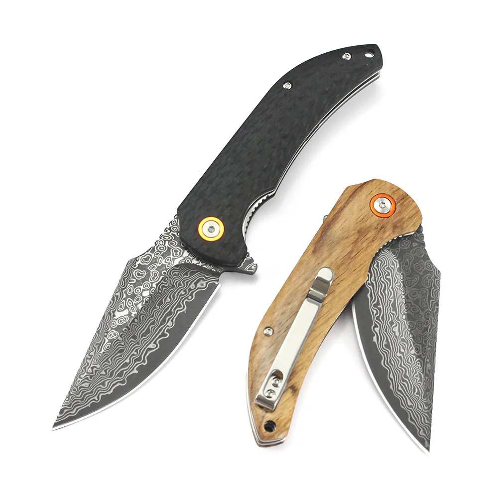 Kesiwo Damascus Pocket Folding Knife Tactical Outdoor Camping Fish tool Survival Carbon fiber G10 Wood Handle Portable EDC Knife