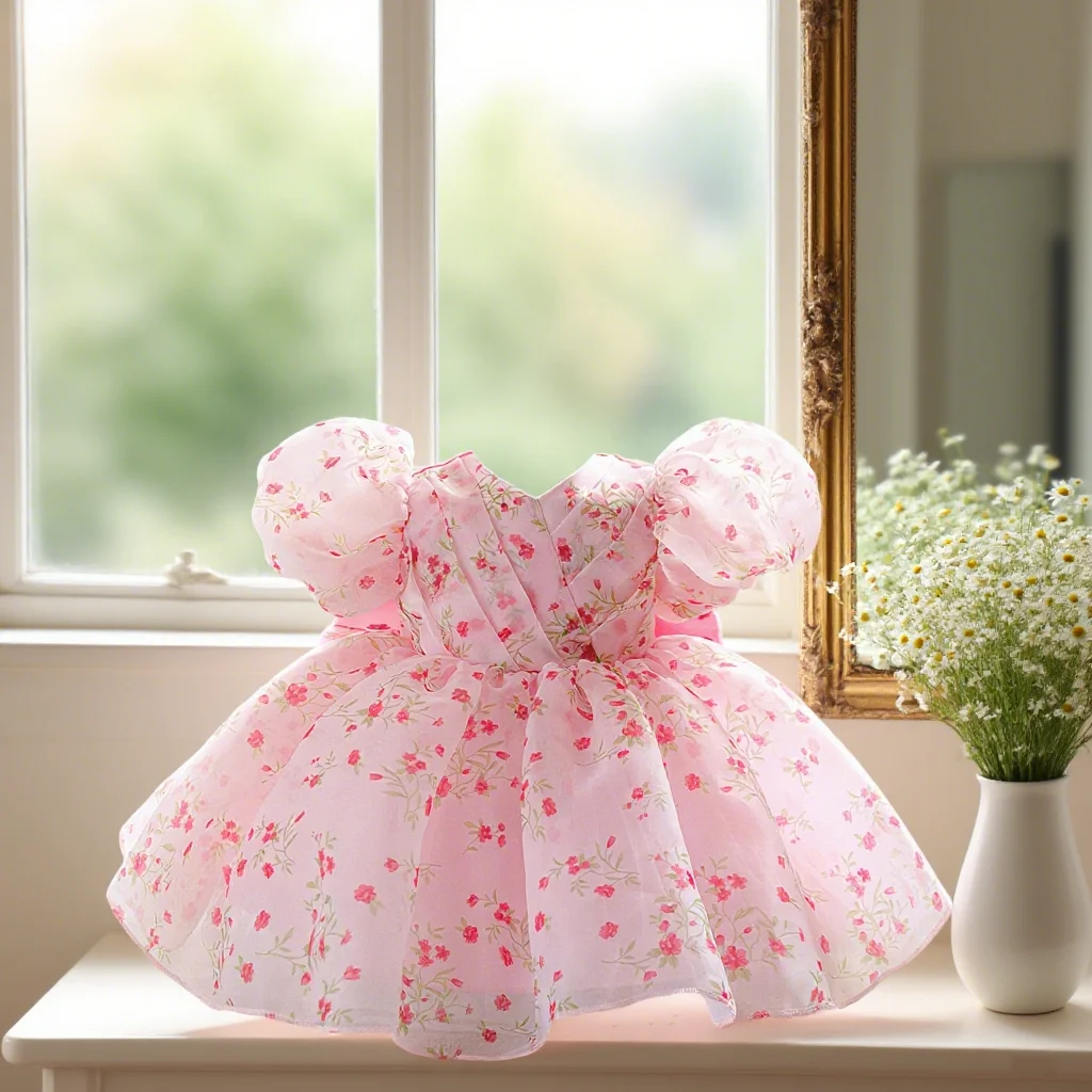 Baby Girl Sweet Pink Dress Flower Print Dress Suitable for Birthday Party Birthday Gift