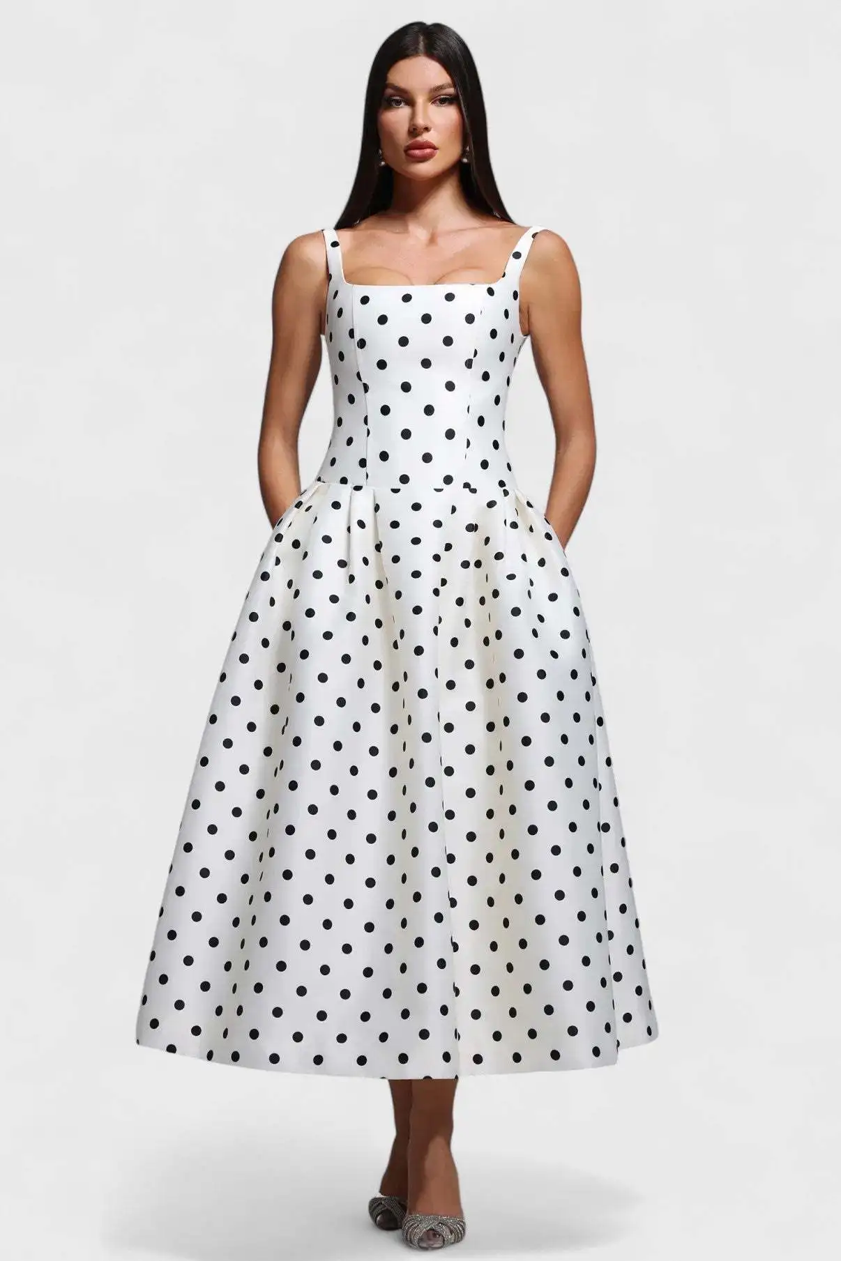

Elegant Fashionable Dress For Summer Sexy Slim Simple Polka Dot Casual Commuting Style High Waist Pleated Suspender Long Dress