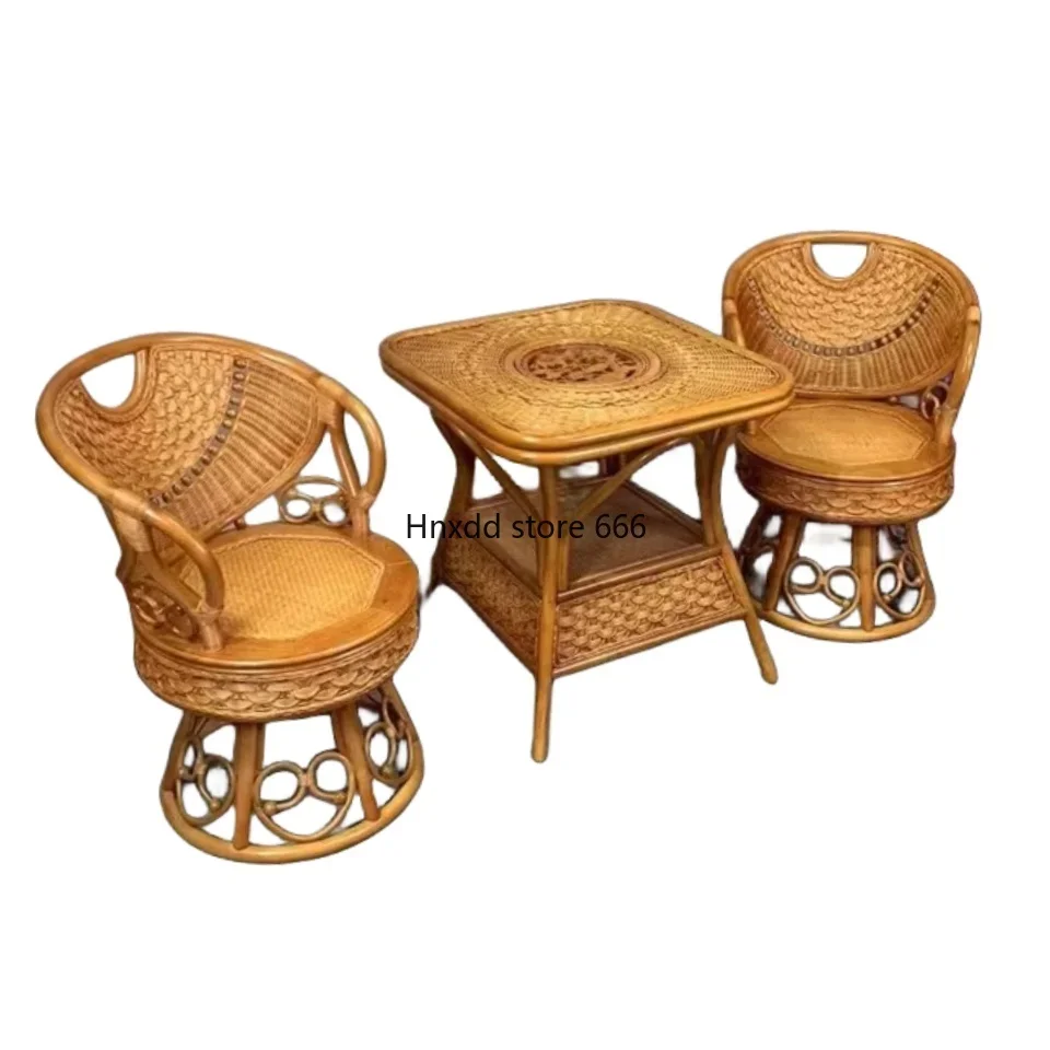 Natural rattan chair coffee table combination living room backrest casual woven balcony table and chairs