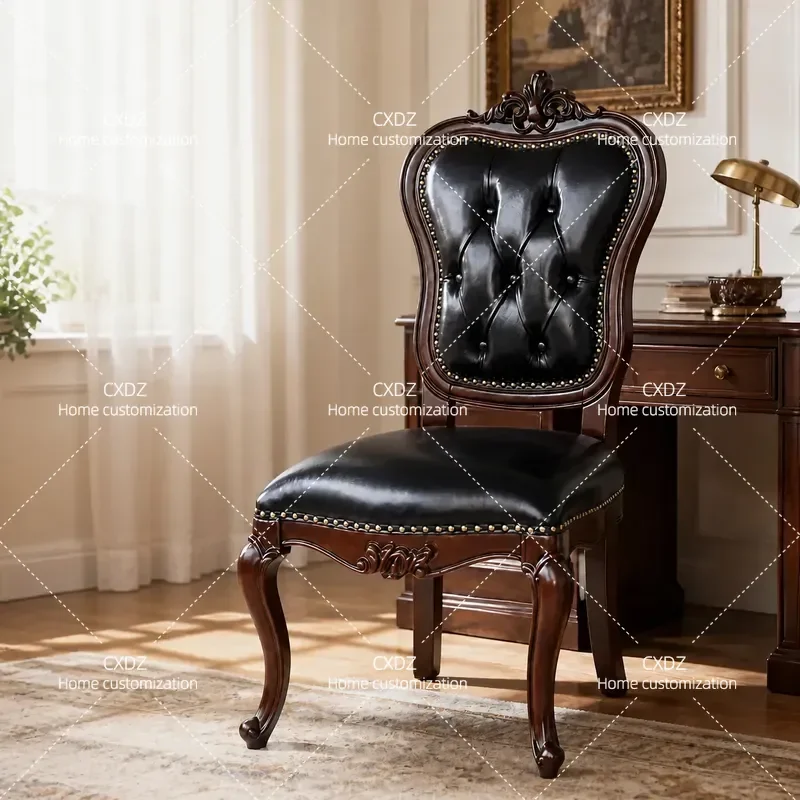 American Retro Solid Wood Dining Chair Simple Light Luxury Leather Casual Dining Chair Hotel Soft Back Chair for Home Study