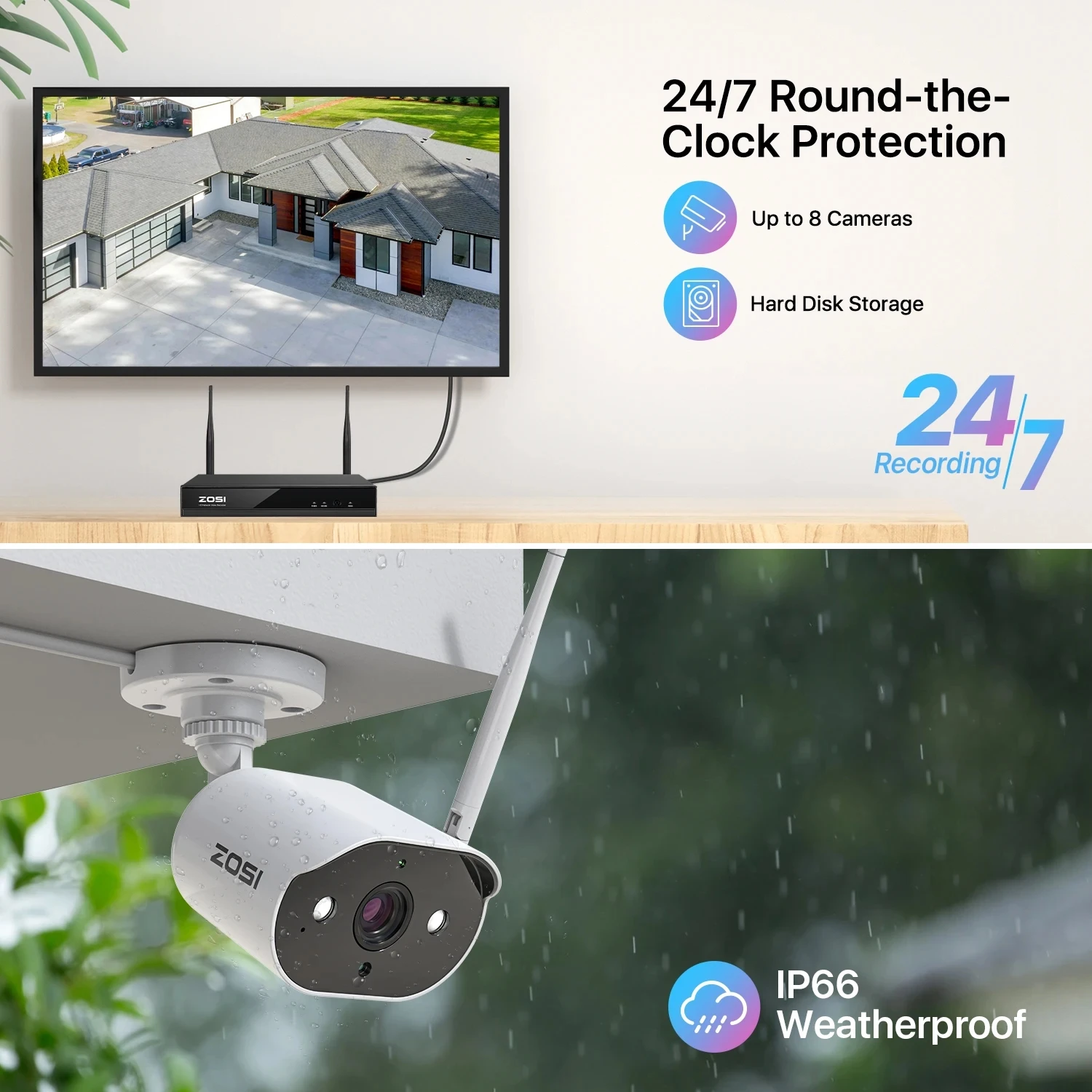 ZOSI 무선 보안 카메라 시스템, 야외 IP 카메라, 와이파이 비디오 감시 키트, 8 채널, H.265 CCTV NVR 및 HD, 5MP