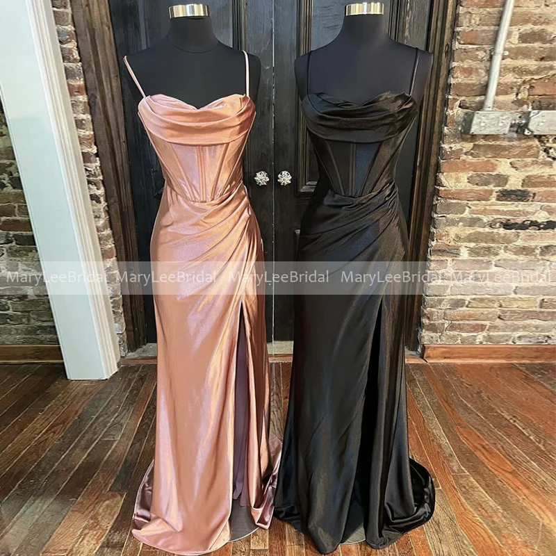 

High Slit Dusty Pink Bridesmaid Dresses Spaghetti Strap Ruched Shiny Satin Mermaid Wedding Reception Dress Maid Of Honor Gowns