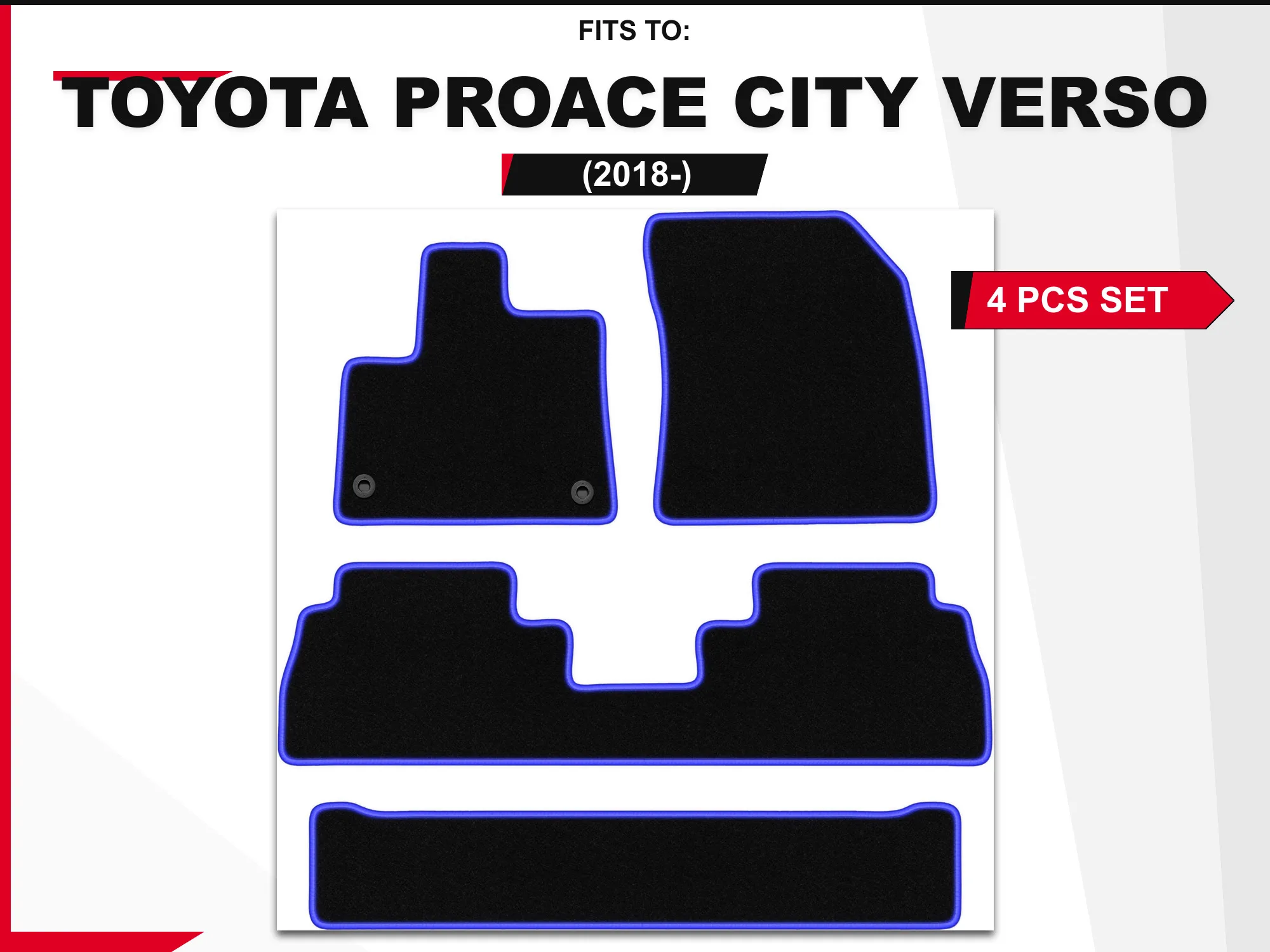 Velourstapijten voor: Toyota ProAce City Verso 2018 - bijpassende set autovloerbedekkingen in zwart en blauw