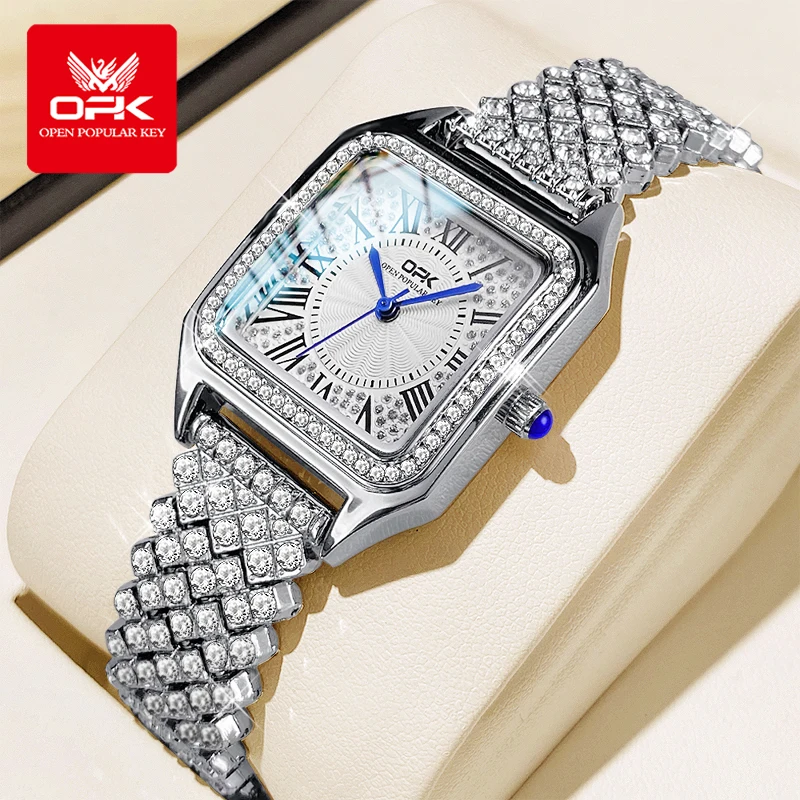 ساعة كوارتز للسيدات بحزام فولاذي بمقياس روماني مقاومة للماء من الماس بالكامل من OPK 8619