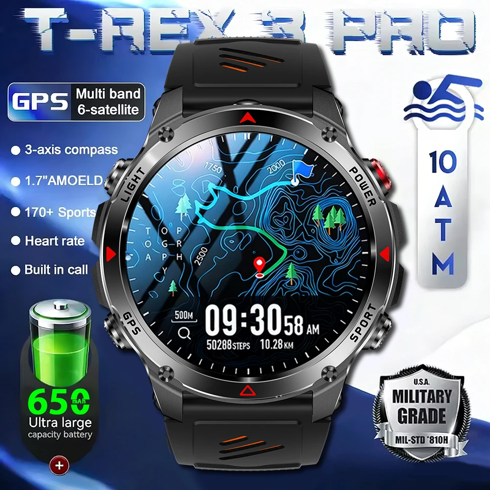 

Military Men T-Rex3 Ultra GPS Track Smart Watch 650mAh Battery Bluetooth Call Waterproof Flashlight Compass Outdoor Smart watch