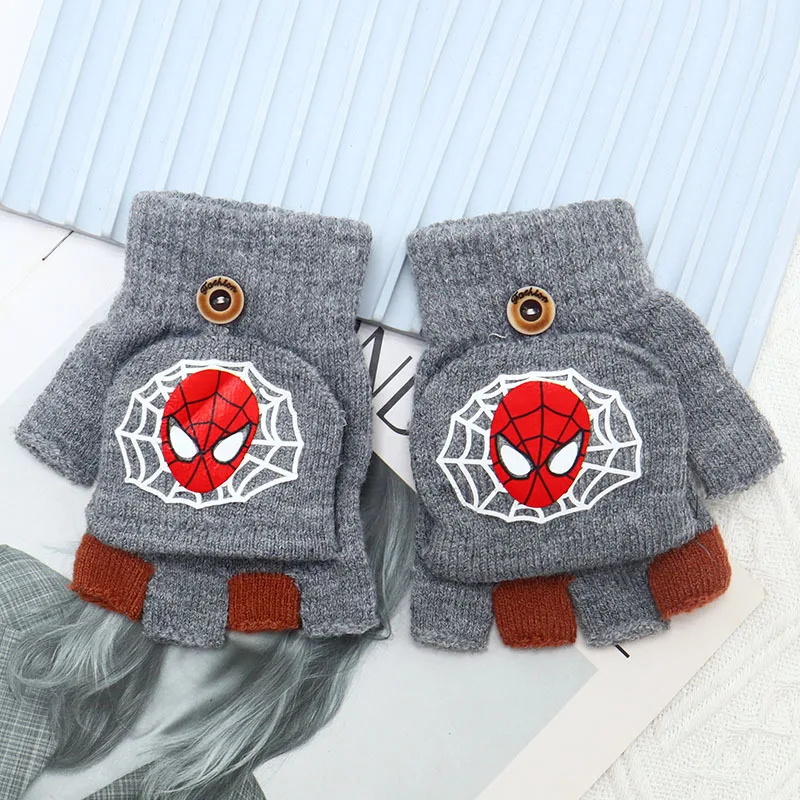 MINISO Marvel Spider-Man children's gloves winter warm open finger half boys flip half finger sleeves little kids writing gloves