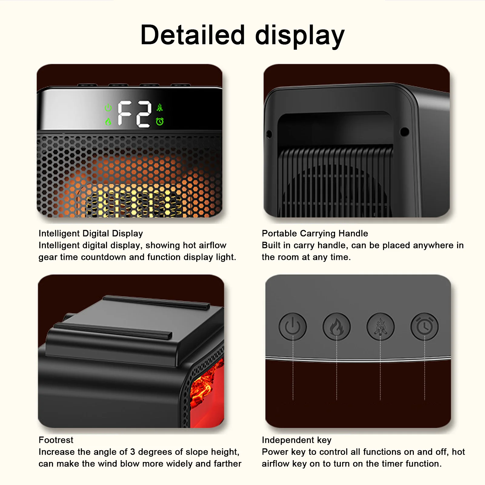 Space Heater 1000W PTC Ceramic Fast Heating Desktop Portable Electric Heater with 3D Realistic Flame Light for Bedroom Office