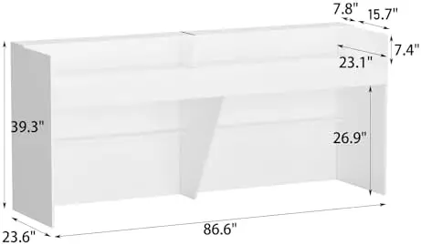Extra Long Reception Desk with Drawers, Modern Pattern, Office Desk Reception Counter Table 2 Person, White (86.6”L x