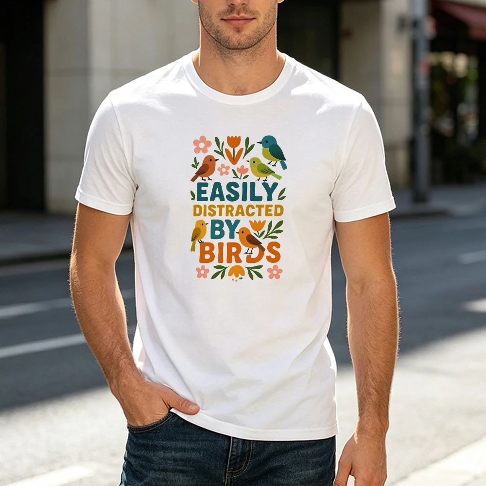 Easily Distracted By Birds Cute Floral Pattern Print Male T Shirt Adorable Avian Animal Lover Graphic Tee
