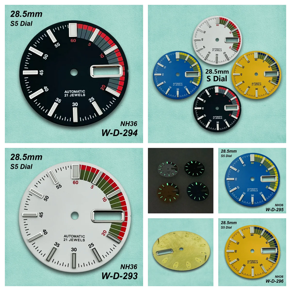 

28.5mm S5 Logo Diving Dial Fit NH36/4R36 Movement Green Luminous Matte Dual Calendar Dial Watch Modification Accessories