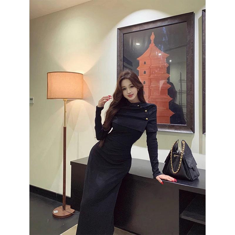 Abito longuette lavorato a maglia nero vintage da donna elegante abito maglione patchwork da festa abiti invernali coreani a maniche lunghe aderenti