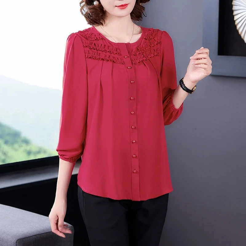 Middle Age Women Blouse Summer New  Blouse 6XL Mother Nine Sleeves Shirt Print Blusa Feminina Tops Cardigan Shirts1055