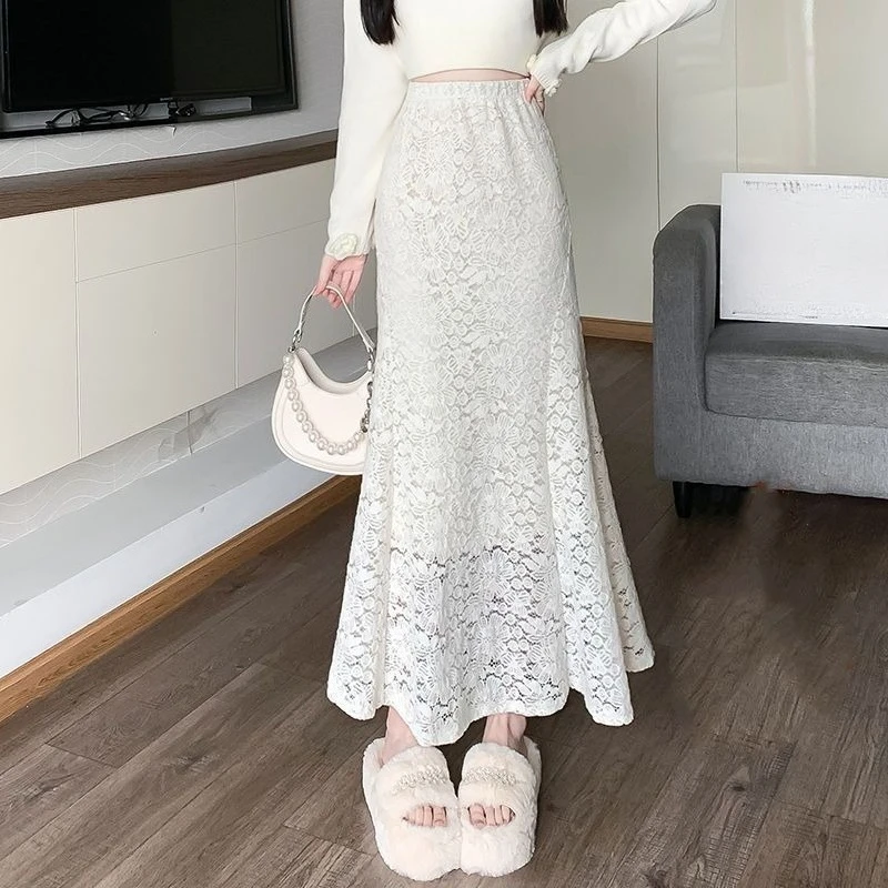 2025 Spring Fall Women High Waisted Black Beige Trumpet Lace Skirt , Romantic Long Mermaid Skirts for Woman Clothes