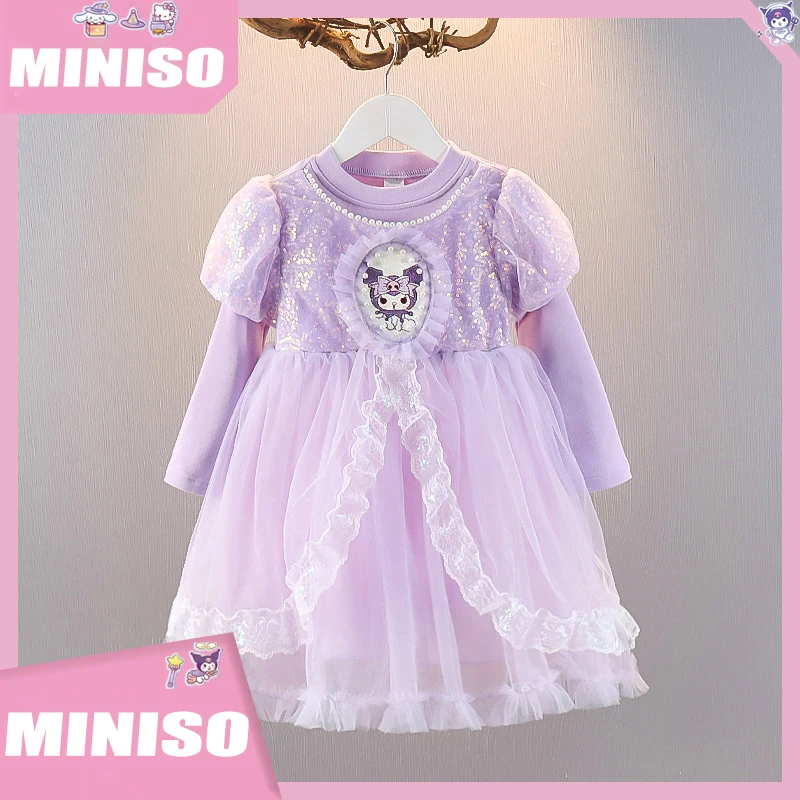 

2025 New Sanrio Cartoon Kuromi Dress Girl Cute Fashion Dress Spring and Autumn Princess Dress Birthday Party Princess Dress