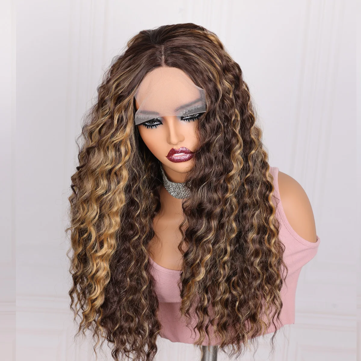 

Long Soft Highlight Blonde Kinky Curly 26Inch Synthetic 180%Density Lace Front Wig For Women With BabyHair Preplucked Glueless