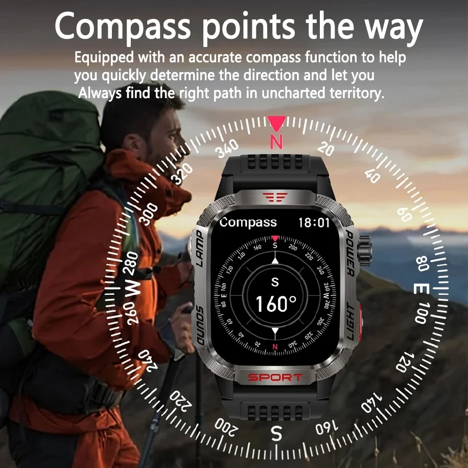 2024 New Sport Smart Watch 2.01 Inch HD Screen 600 mAh Flashlight Compass Heart Rate Waterproof Bluetooth Call Smartwatch Men