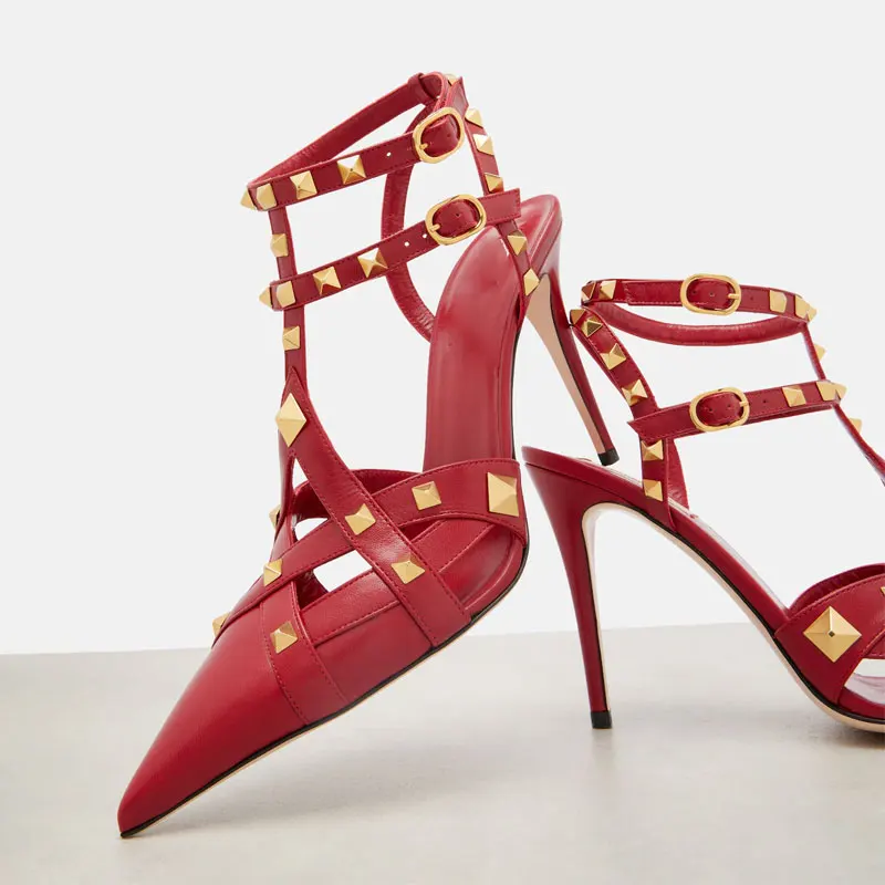 Luxury Design Rockstud Caged High Heels Women's Pointed Toe Leather Sandals Metal Rivet Ankle Strap Stilettos