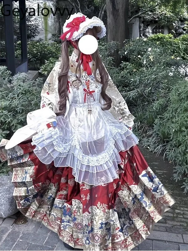 Trajes de estilo chino Otoño Invierno Arco diario Top rojo y falda larga estampada de cintura alta conjunto versátil de Lolita dulce para niñas