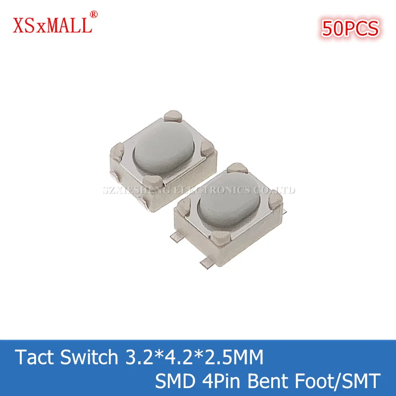 50PCS 3*4*2.5MM Tact Switch Car Remote Control Key Button Switch SMD 4Pin Bent Foot/SMT 3.2X4.2X2.5MM E-Cigarette Micro Switch