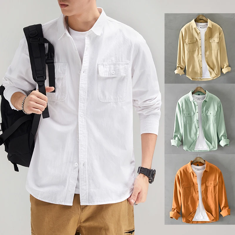 HIQOR 2024 Men Casual White Shirts Long-sleeved Chest Two Pocket Design 100% Cotton Solid Casual Turn-down Collar Shirt M-3XL