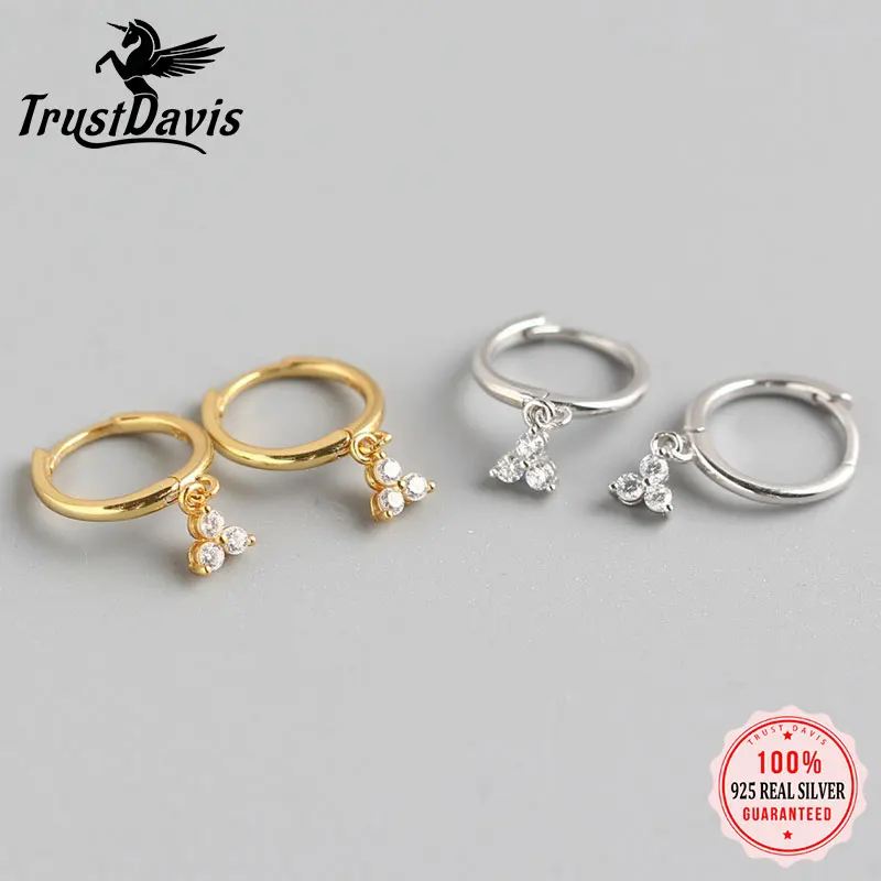 

TrustDavis 925 Sterling Silver Fashion Charm Three Zircon Hoop Earrings for Fine Jewelry Accessory Women's Birthday DA1957