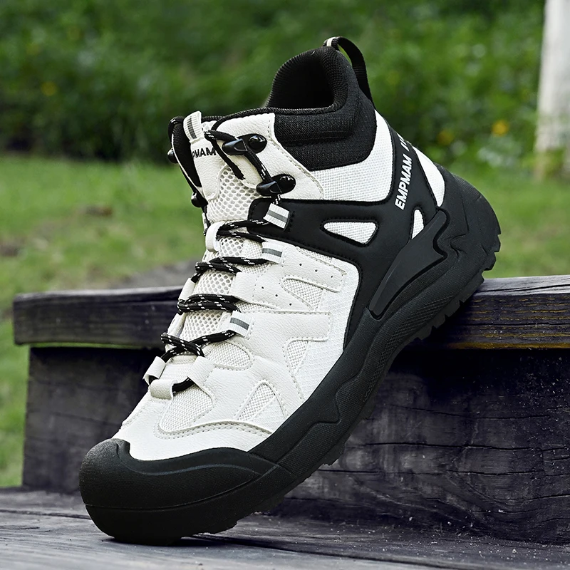 Outdoor High Top Men's Walking Sneakers Mesh Breathable Ankle Hiking Shoes Non-Slip Work Boots Couple Climbing Trekking Shoes