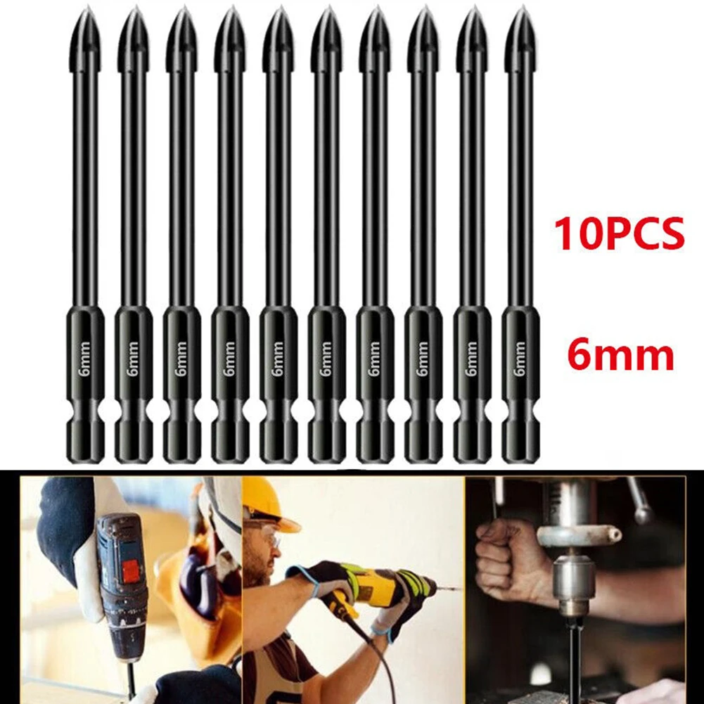 Broca con cabeza de lanza cruzada de carburo de tungsteno, vástago hexagonal para azulejos, porcelana, mármol, cerámica, vidrio, ladrillo, herramienta eléctrica de perforación, 6mm, 10 Uds.