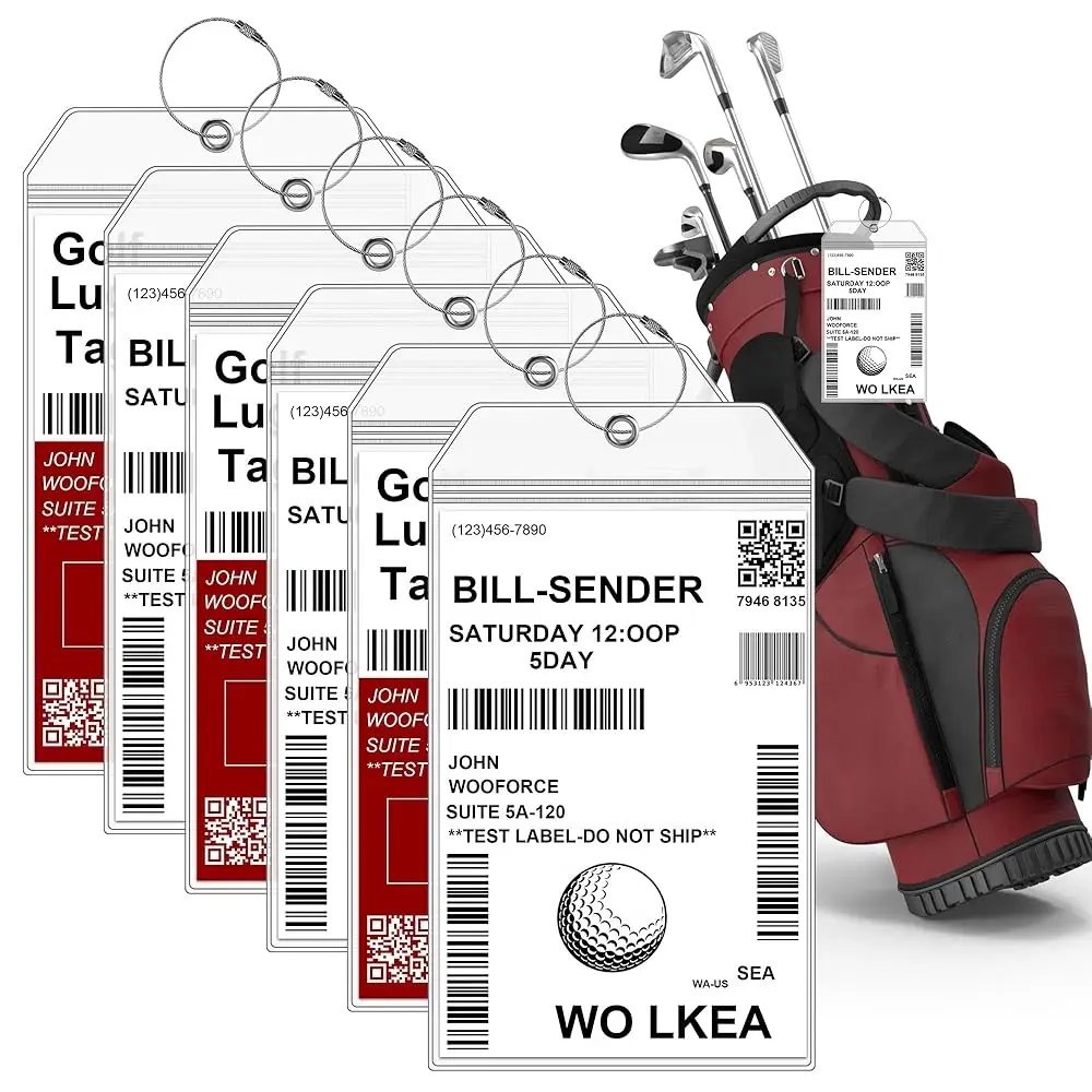 

6 Pack Golf Luggage Tag Holders Extra Large 10\ x 6\, Waterproof Clear PVC Golf Bag Tags with Sturdy Steel Loop
