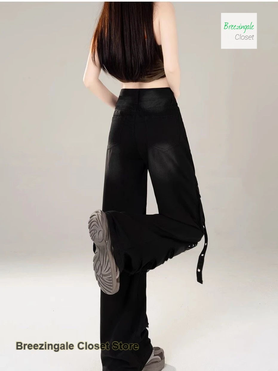 American black temperament high street hole tooling straight jeans female new fashion design Joker high waist wide-leg pants.