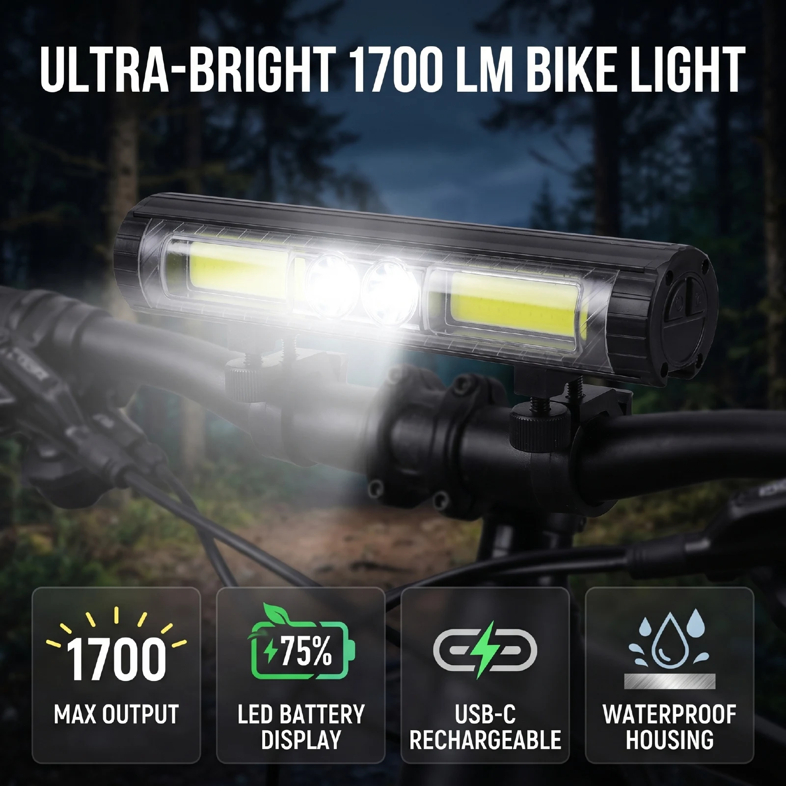 Bike Front Light with LED Display 1700LM USB C Rechargeable Magnet Bike Lamp for Mountain Off Road City Night Cycling Water