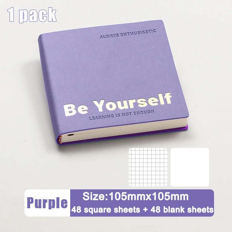 Square Soft Leather Thickened Mini Notebook 96 Sheets Blank and Grid Inner Pages Diary Drawing Learning Notebook Easy to Carry