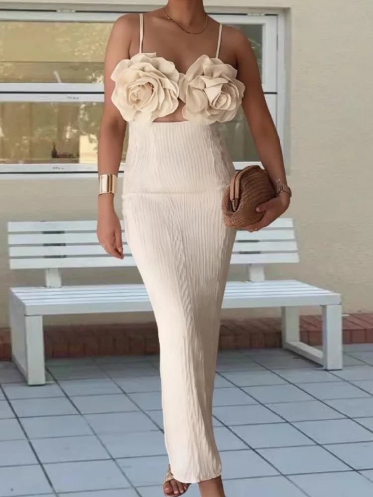 3D Flowers Spaghetti Strap Dresses Women Fashion Sexy Hollow Out Backless Package Hip Party Dress Design Sense Banquet Vestidos