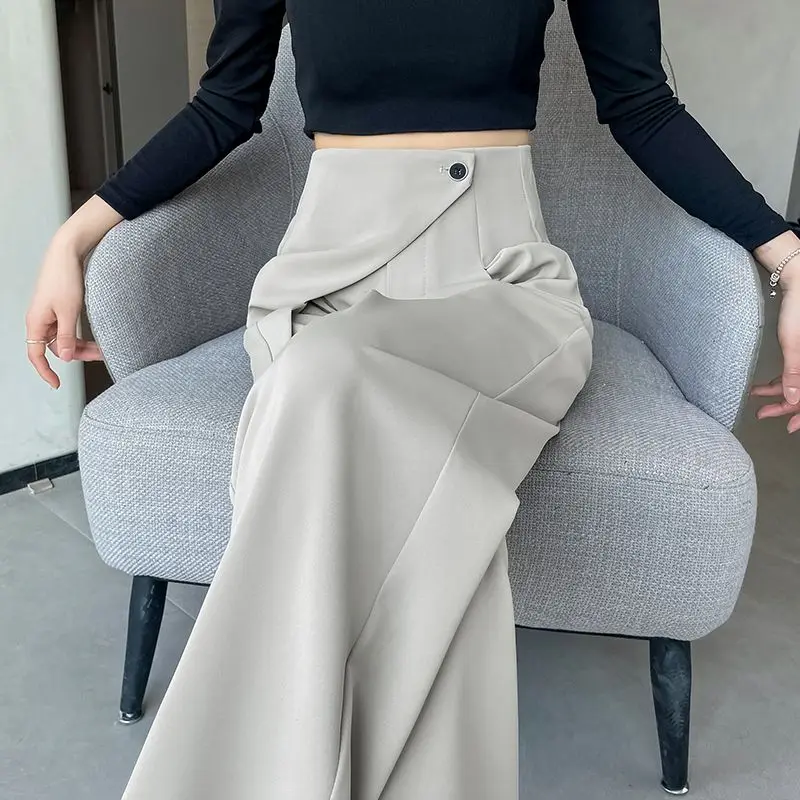 New Chinese style high-end suit pants, women's high waisted pleated straight leg pants with irregular design and wide leg pants