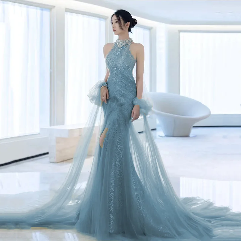 Dusty Blue Mermaid Long Evening Dresses For Women Fashion Sexy Backless Wedding Party Sweep Train Dress Crystal Prom Ball Gowns