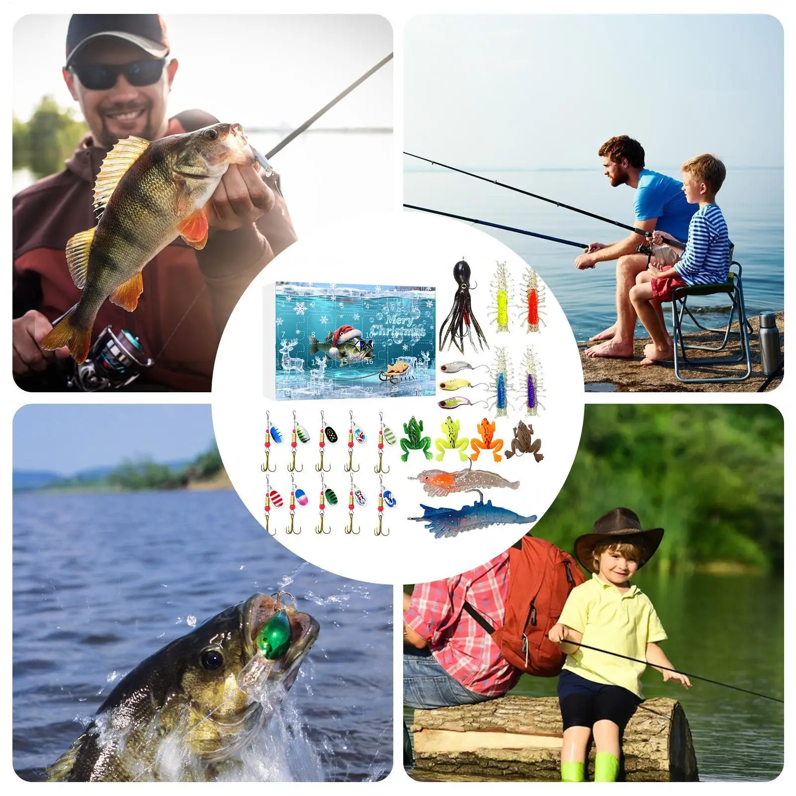 

Рождественский календарь обратного отсчета для рыбалки, 24-дневный Адвент обратного отсчета в Рождество, пресноводные приманки для морской рыбалки для папы, парня