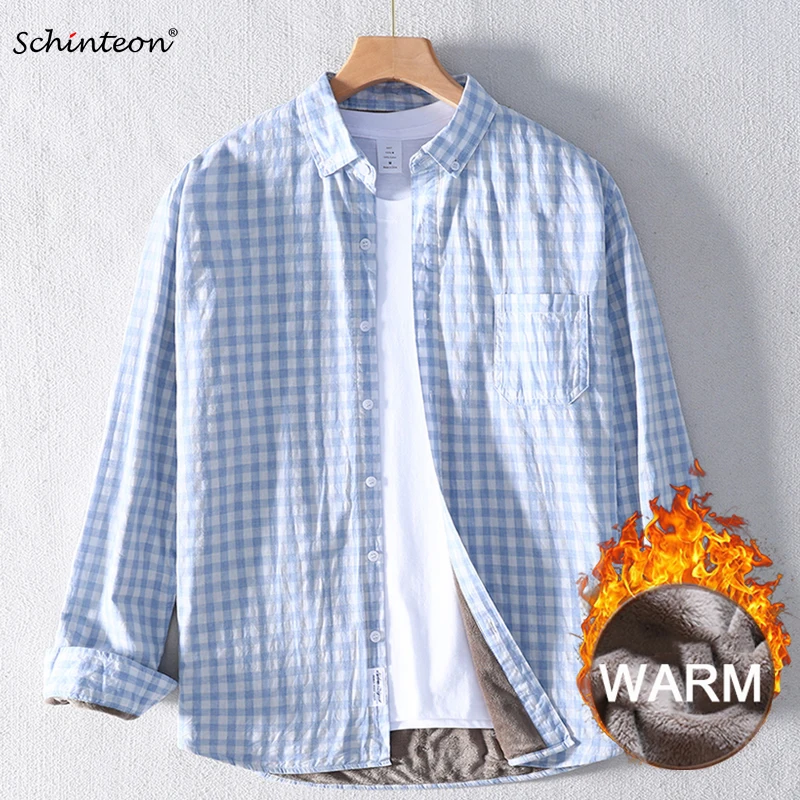 

Schinteon Men Plaid Thick Warm Shirt Sanded 100% Cotton Fleece Lining Flannel Bottoming Autumn and Winter Shirt High Quality Top