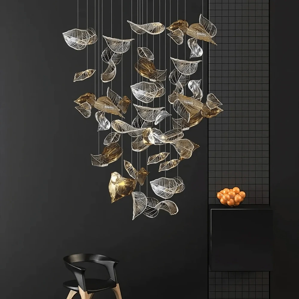 Glass Leaves Chandelier Shaking Golden Clear Glass Pendant Custom Large Luxury Lighting Fixture For Villa Staircase Hotel Lobby