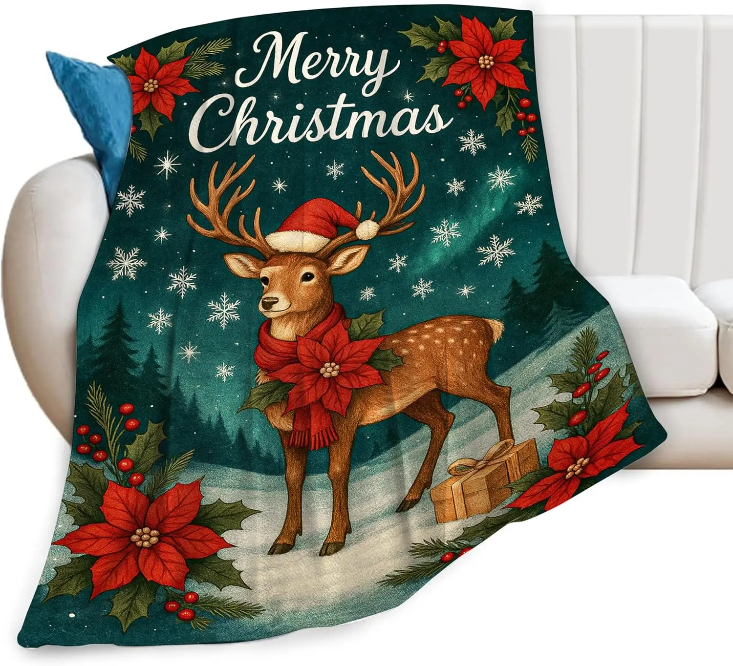 Deer Throw Blanket Merry Christmas Deer Rustic Elk Hunting Blanket Cozy Fleece Fuzzy Plush Warm Stuff Bedding Nursery Wildlife